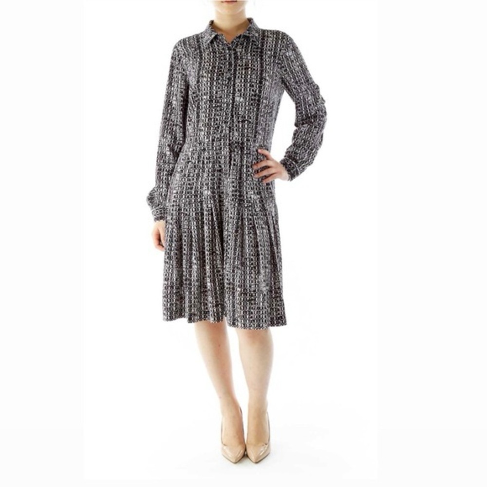 Calvin Klein Collared Long Sleeve Pleated Dress Black Cream Button Front Size 4